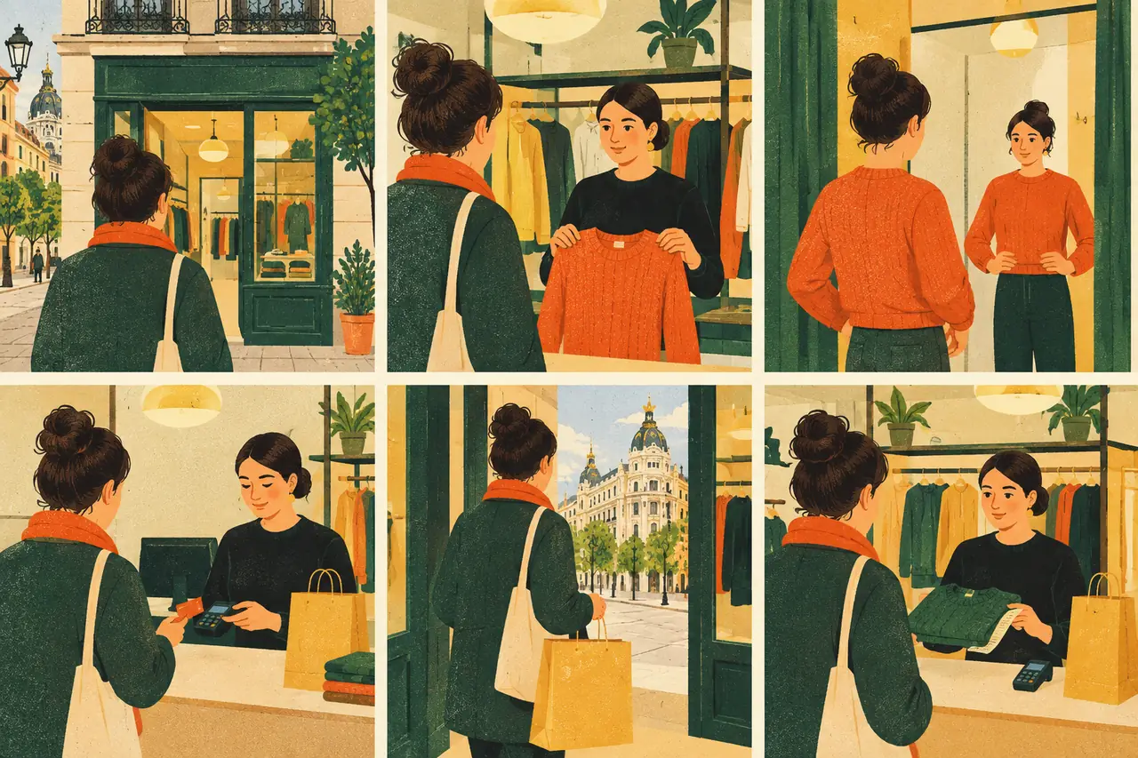 Shopping run. You walk into a shop in Madrid to buy a jumper: ask for your size, try it on, pay by card and take the receipt.