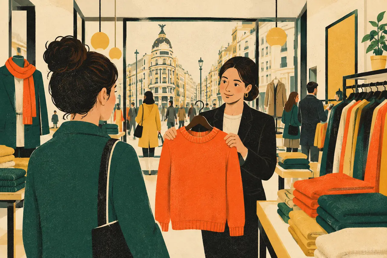 Buying clothes. You are in a busy clothes shop on Gran Vía in Madrid and you have found a jumper you like.
