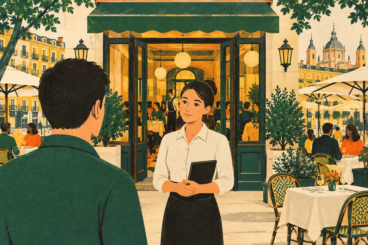 Booking a table. You call a busy restaurant in Madrid on a Friday to book a table for two at nine.