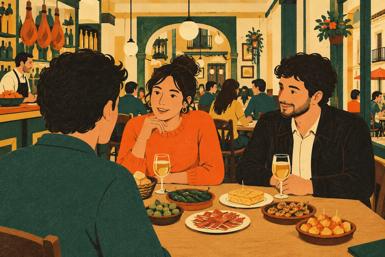 Dinner with friends. You are at a busy tapas place in La Latina with three Spanish friends.
