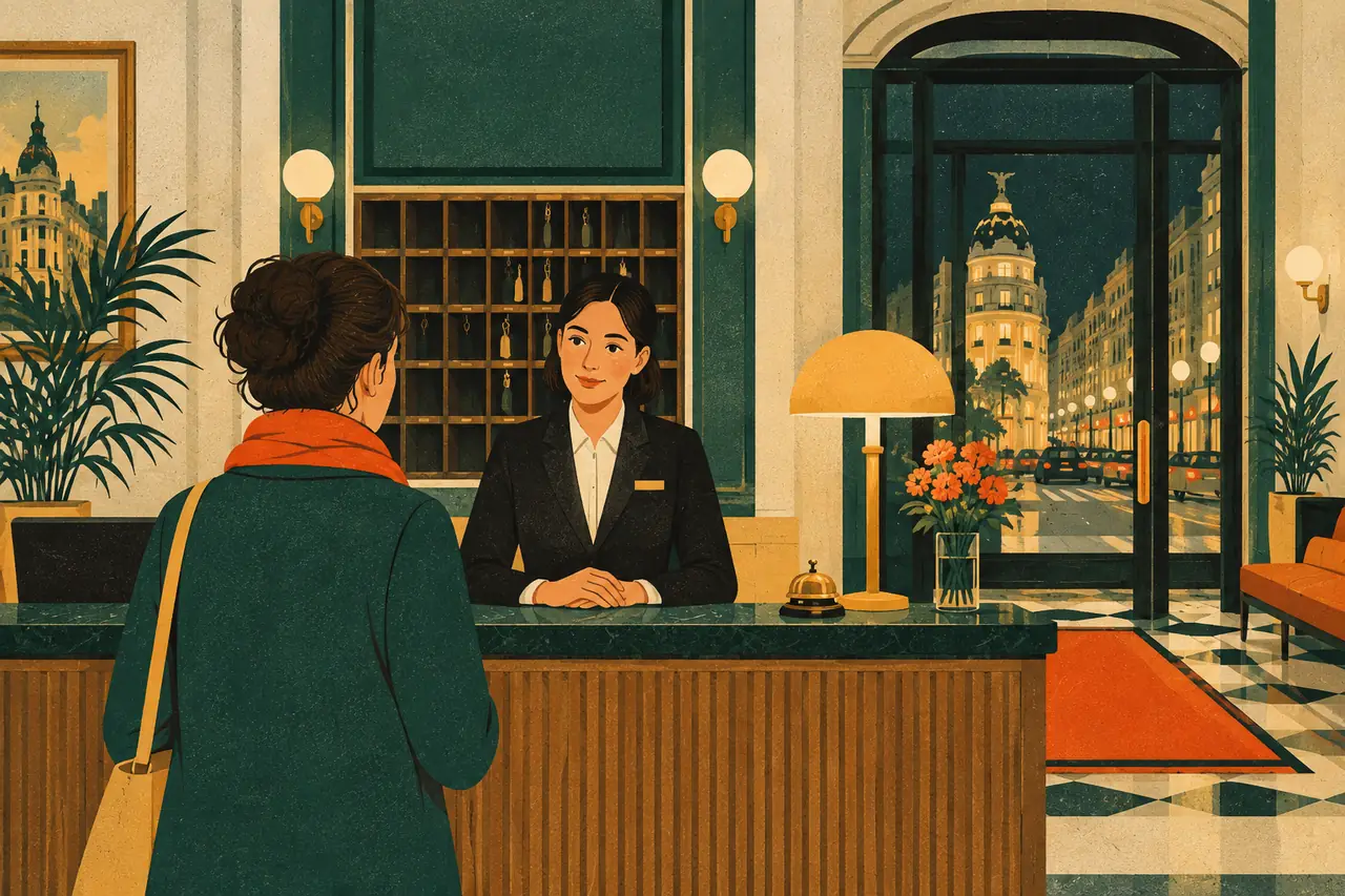 Hotel check-in. It is nine at night and you walk into a small hotel near Gran Vía in Madrid.