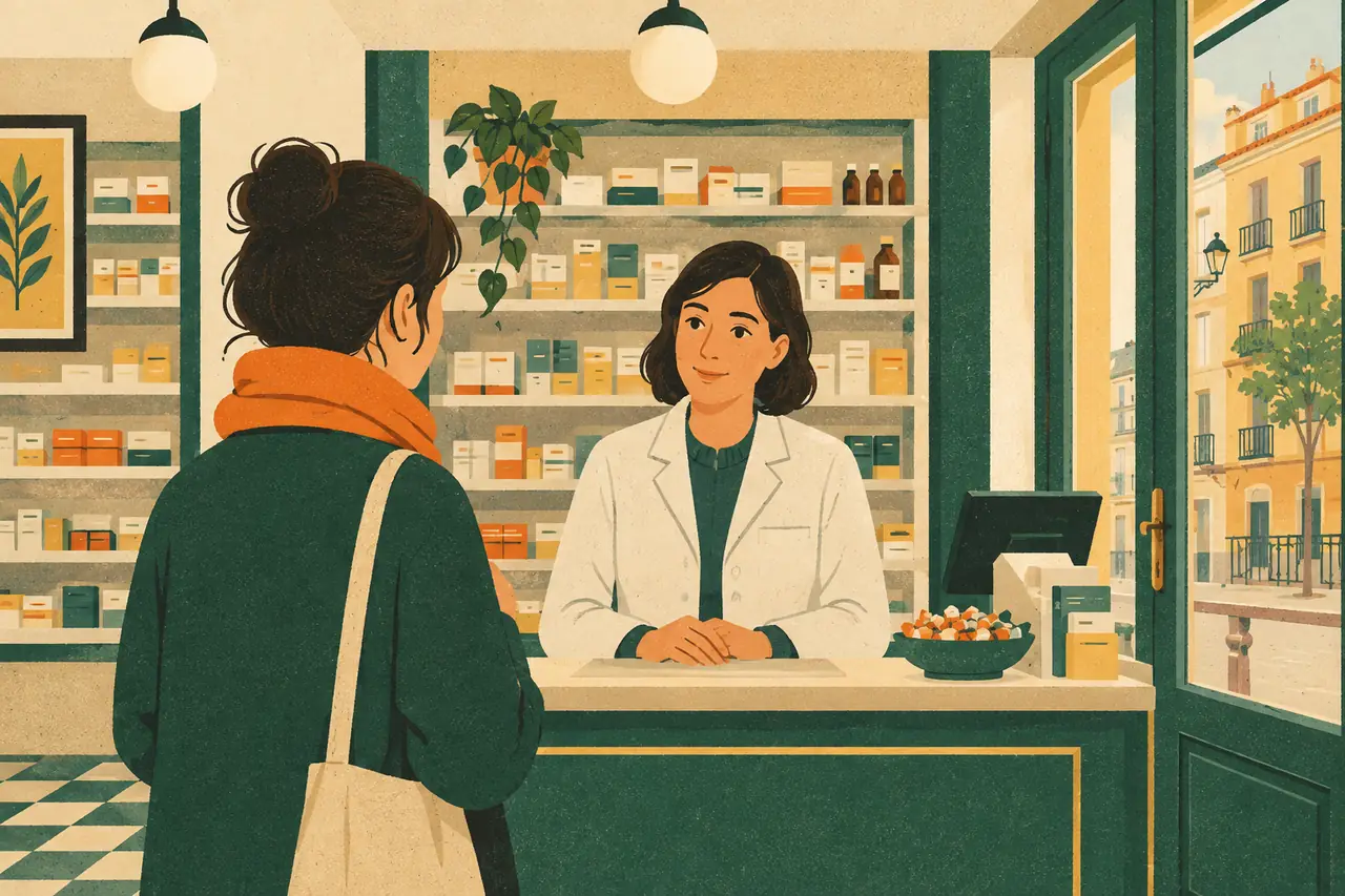 At the pharmacy. You wake up in your Madrid flat with a sore throat and a cough.