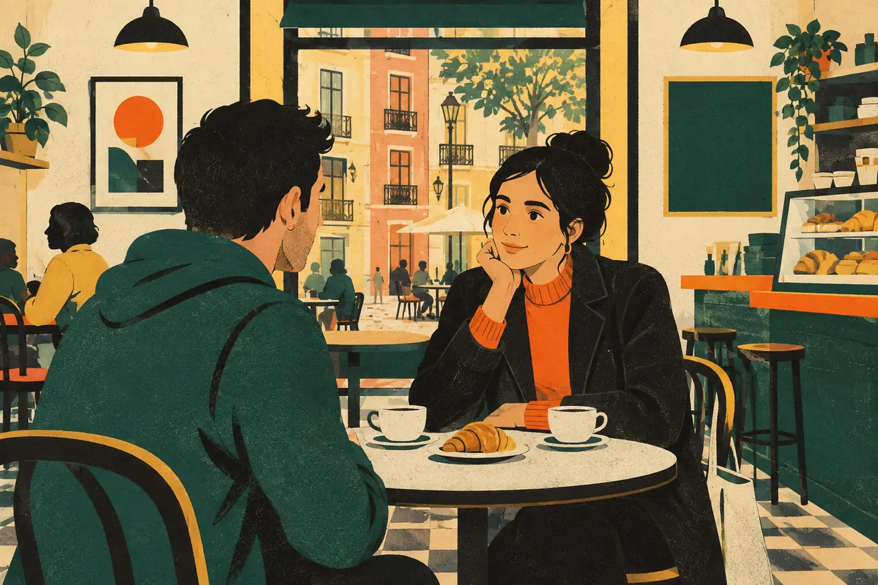 Coffee catch-up. In a café in Lavapiés you run into someone you know from your gym and sit down for a coffee.