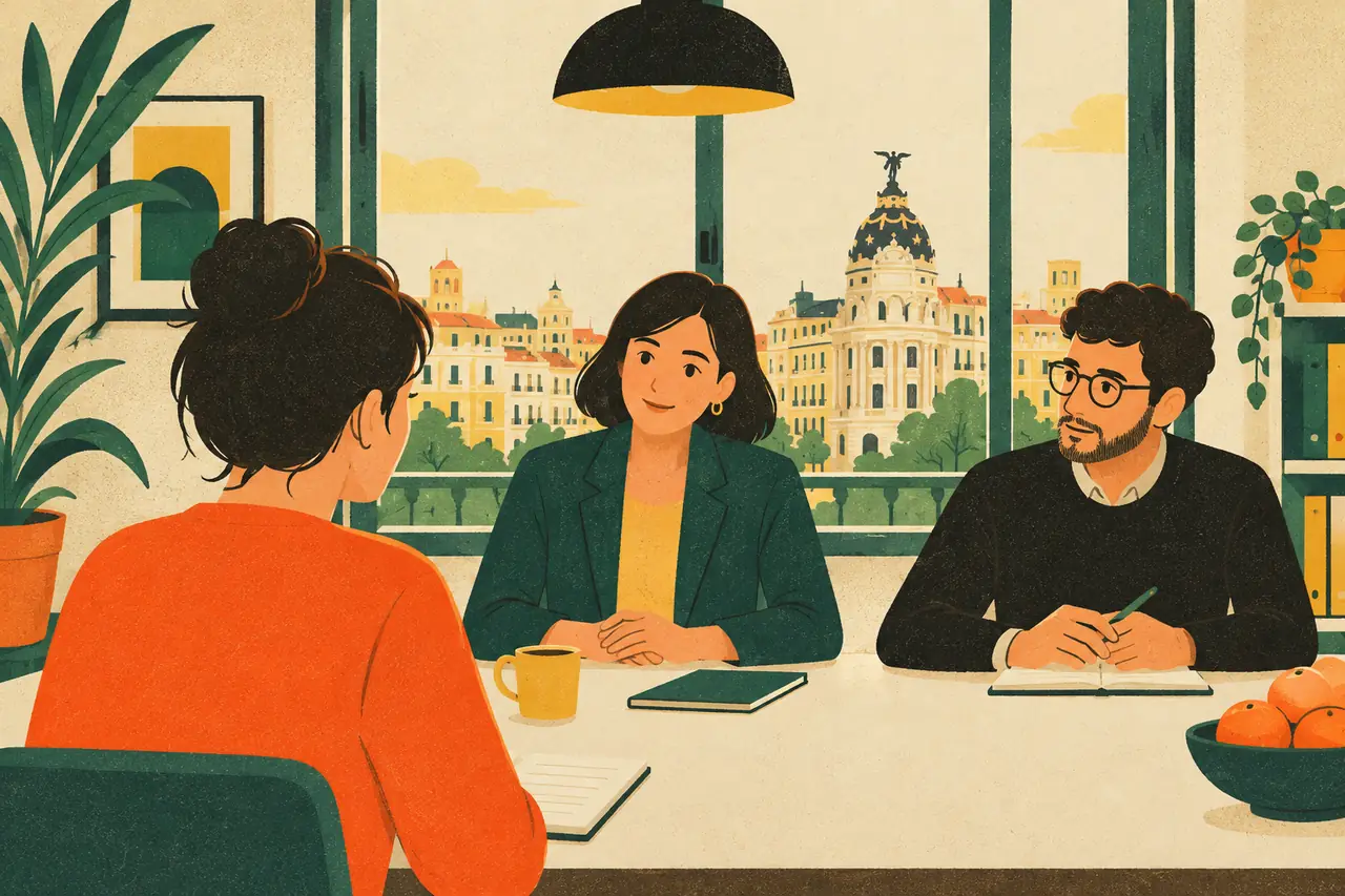 A meeting moment. You are in a short team meeting in a Madrid office.