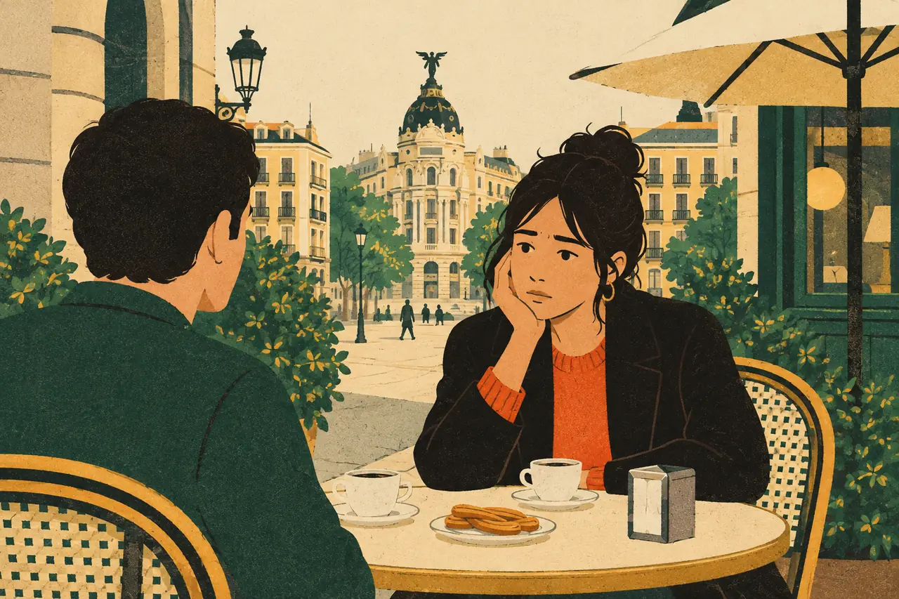 Heart to heart. A Spanish friend turns up for coffee in Madrid looking awful and barely talking.