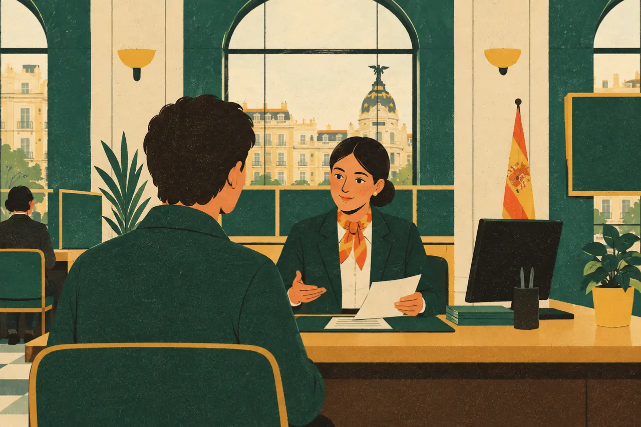 Banking and paperwork. You are at a bank branch in Madrid to open a current account.