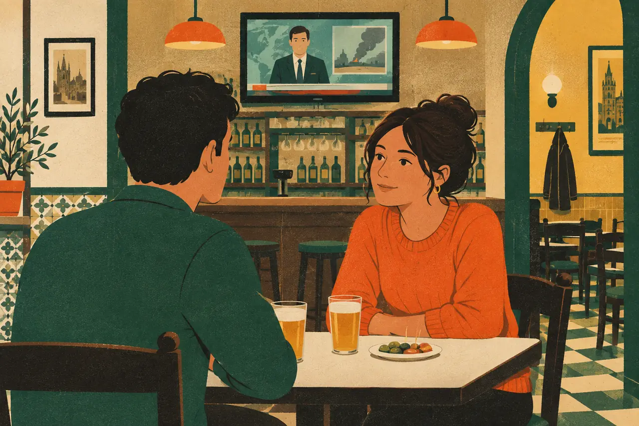 Talking about the news. You are having a caña after work with a Spanish friend and the telly over the bar is showing the news.
