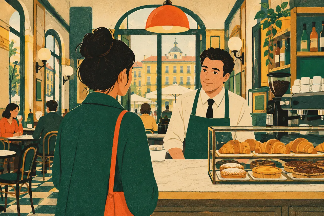Order at a café. You walk into a busy café in Madrid and want to order a coffee and a pastry at the counter.