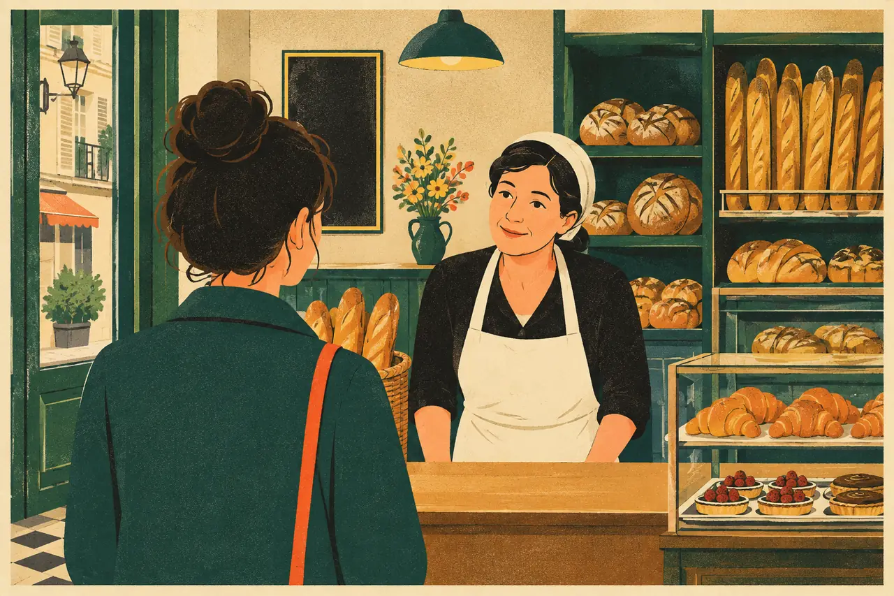 Hello & goodbye. You step into a small neighbourhood bakery in Paris and the owner looks up at you.