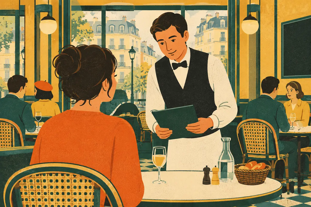 Ordering a meal. It is one in the afternoon and you sit down at a busy neighbourhood bistro in Paris.