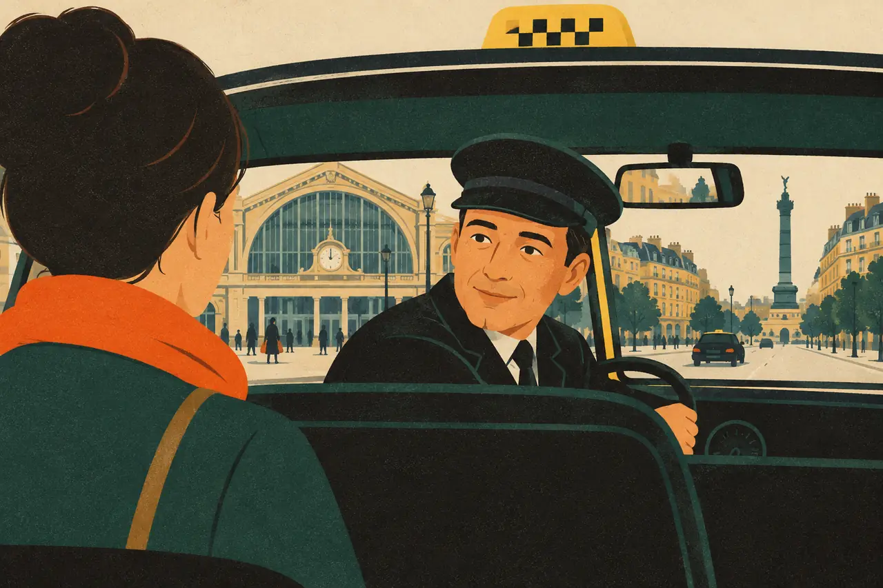 Taking a taxi. You get into a taxi outside a Paris station and need to reach Place de la Bastille.