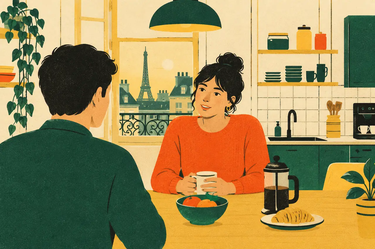 Talking about your day. It is six in the evening in the kitchen of your Paris co-working space, and a woman you have met before asks how your day went.