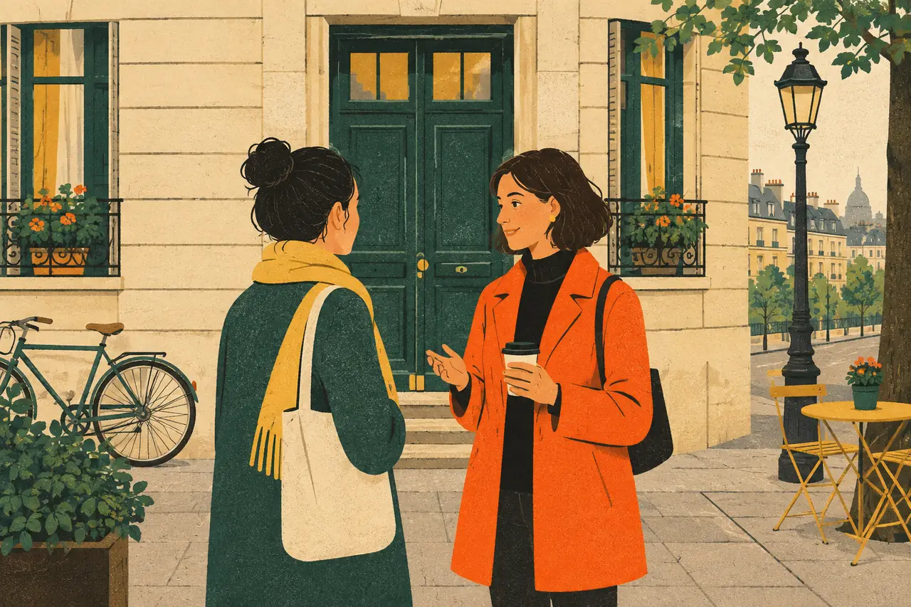 Making plans. You are on the pavement outside your building in Paris, chatting with a neighbour you get on with.