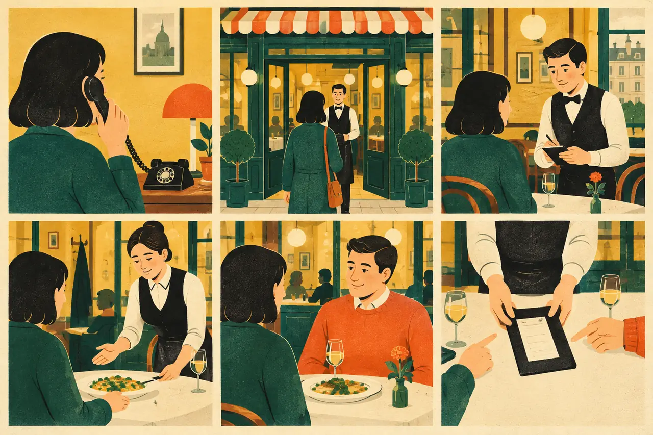 The dinner out. You phone a bistro to book a table for two, arrive and give your name, order for the table, sort out a dish that comes out wrong, then ask to split the bill.