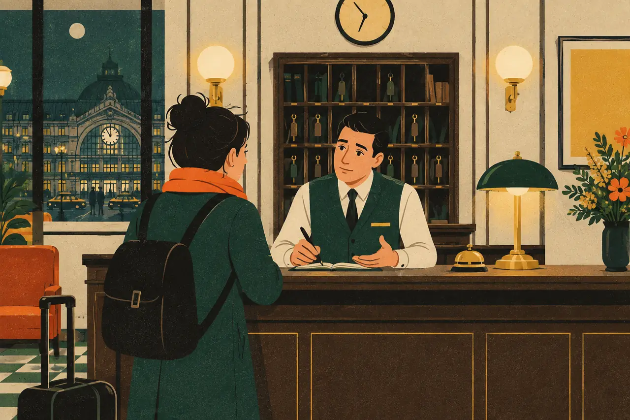 Arrival gone sideways. Your train arrives two hours late and you reach a hotel desk near Gare de Lyon around midnight, where the receptionist cannot find your booking.