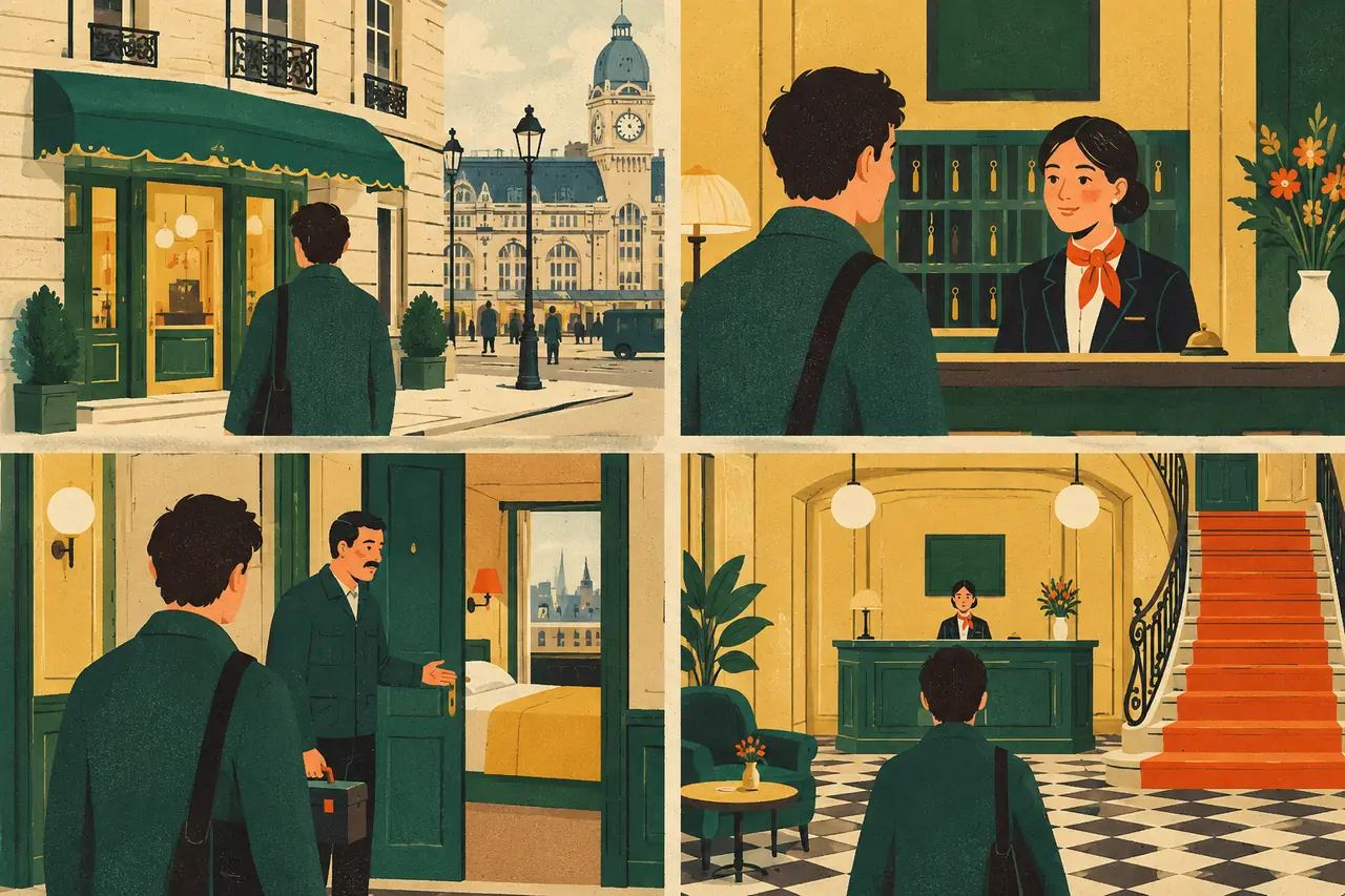 Hotel check-in. You arrive at a small hotel near Gare de Lyon in Paris with a booking under your name.