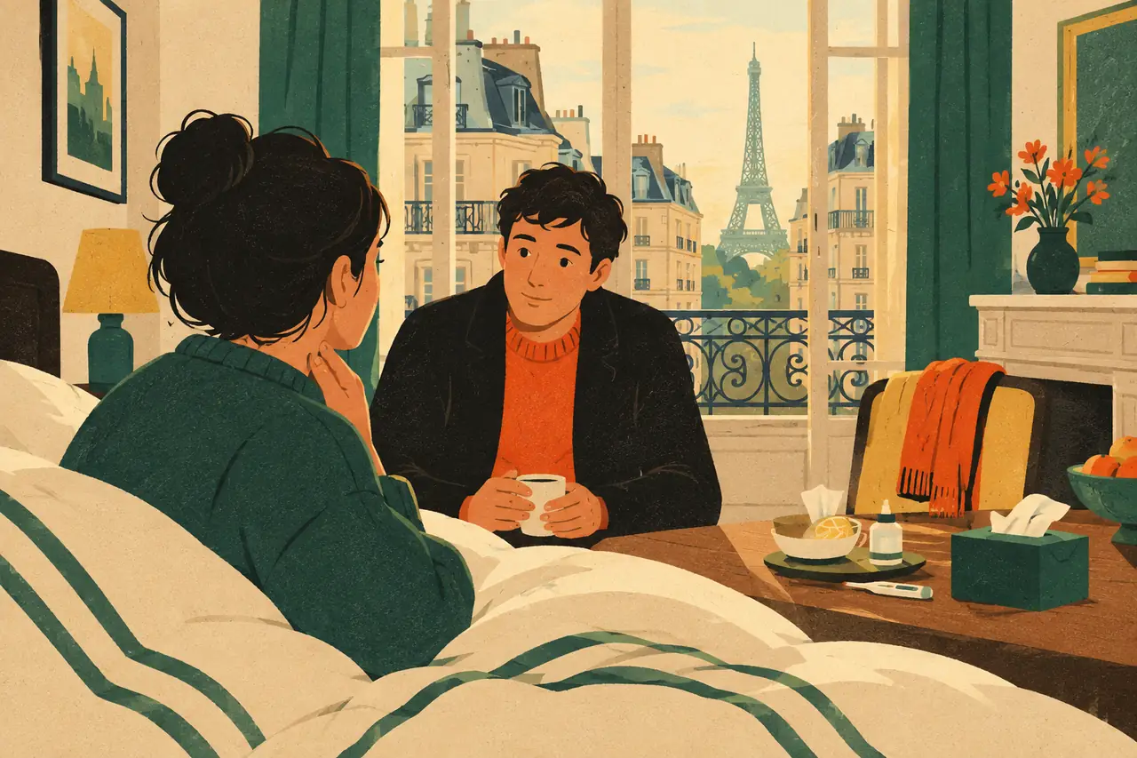 The errand day. You wake up in Paris with a sore throat and no energy.