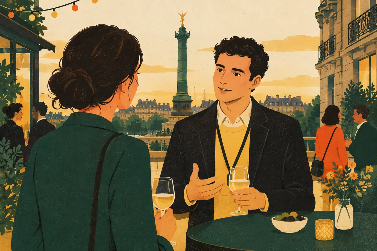 The networking event. You are at an after-work networking evening near Bastille in Paris, glass in hand.