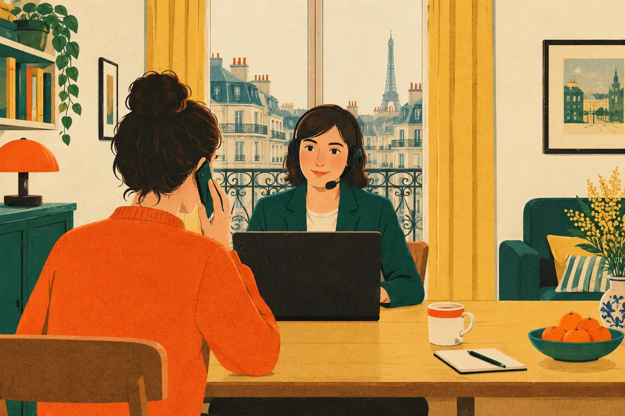 Calling the internet provider. Your internet has been dead for two days in your Paris flat.