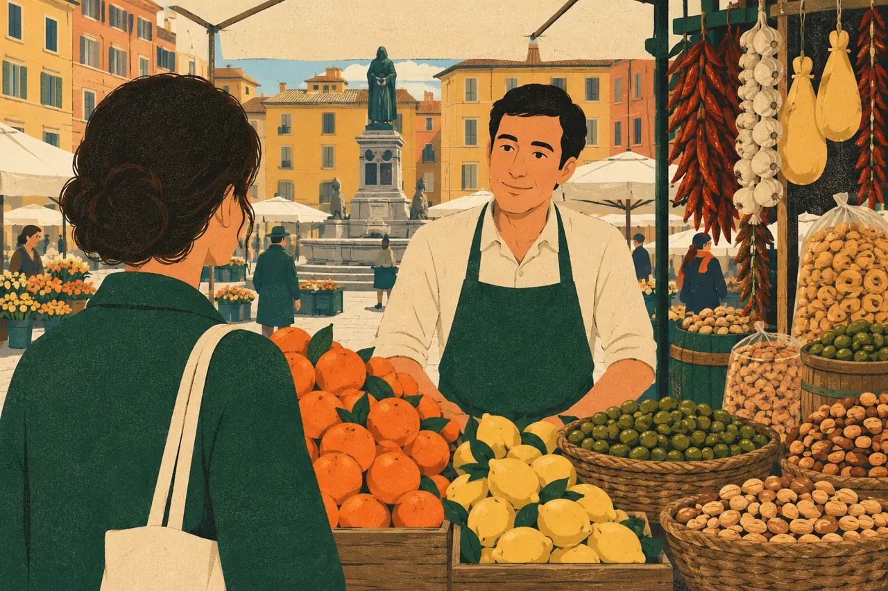 Numbers and prices. You are at a market stall in Campo de' Fiori in Rome, fruit and snacks piled high and not a price tag in sight.