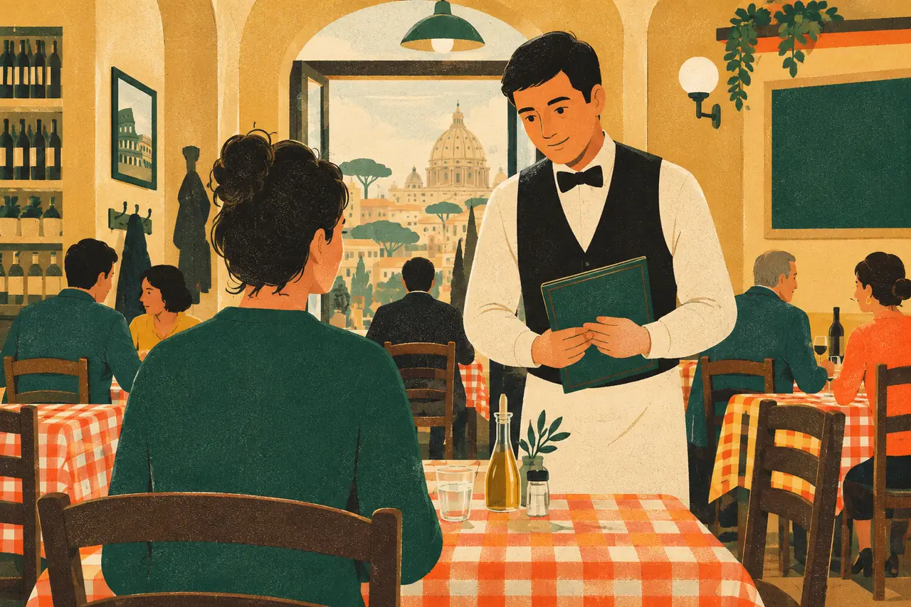 Ordering a meal. It is one o'clock and you sit down at a busy trattoria in Rome.