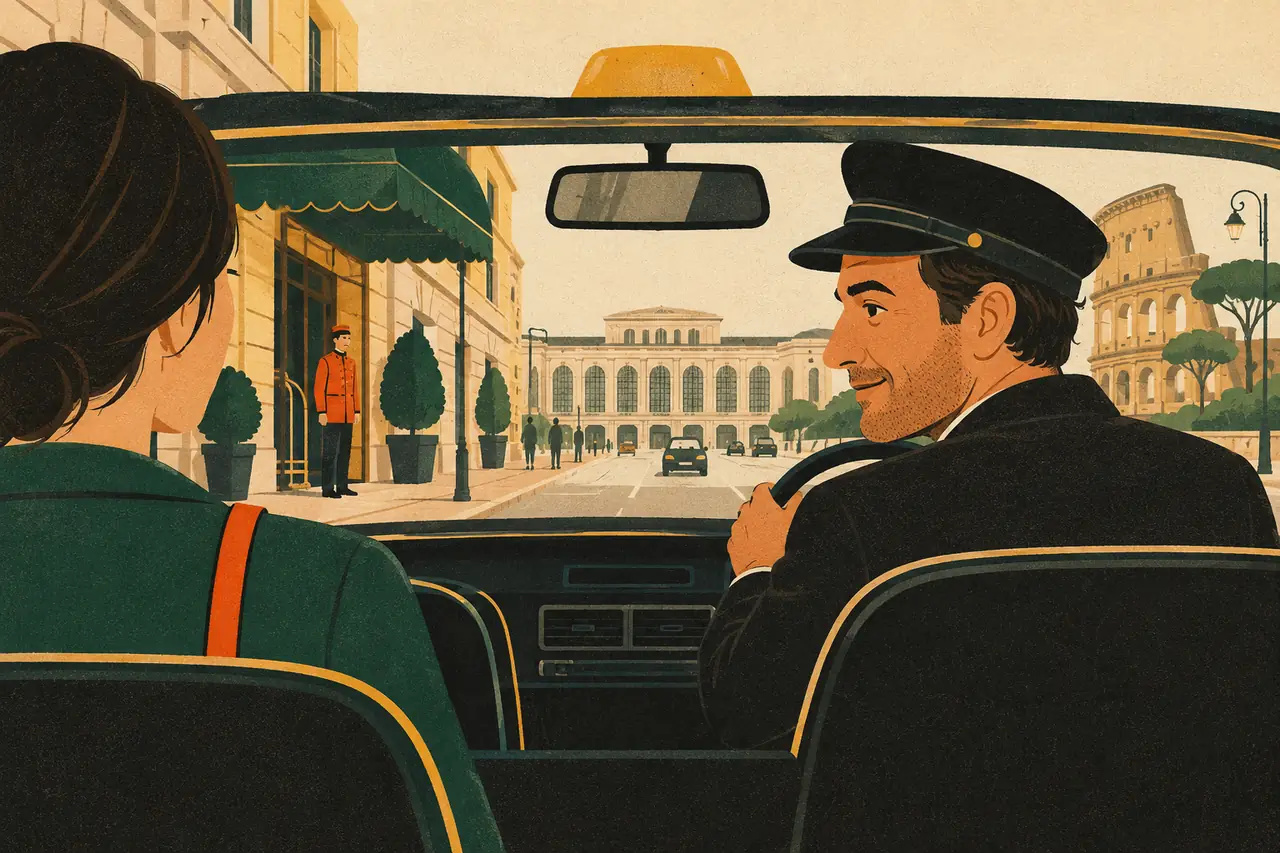 Taking a taxi. You get into a taxi outside your hotel in Rome and you need to reach Termini station before your train.