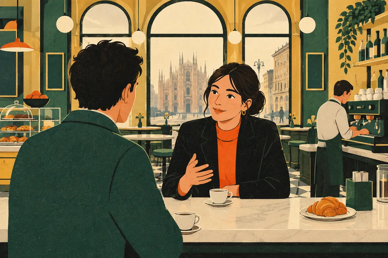 Talking about your day. You are having a quick coffee at the bar downstairs from your office in Milan and an Italian colleague asks how your day is going.