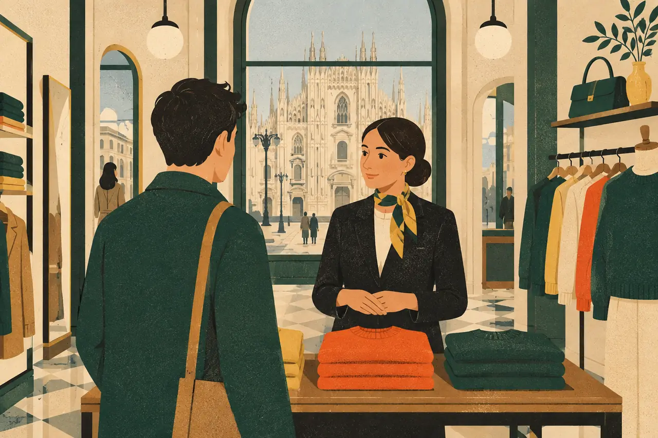 Buying clothes. You are in a clothes shop near the Duomo in Milan and you have found a jumper you like.