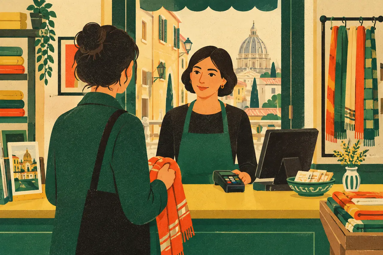 Paying & receipts. You are at the till of a small shop in Rome with a scarf in your hand.