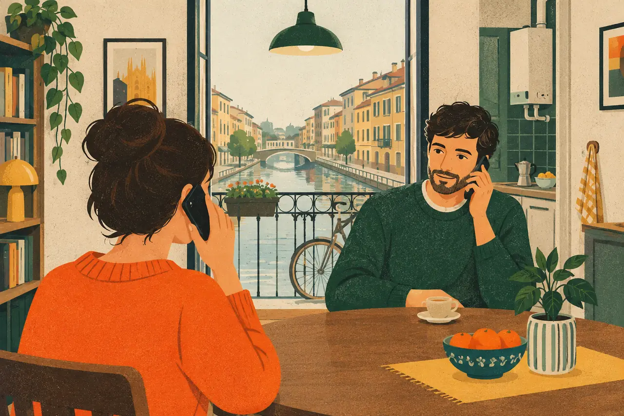Renting a place. You have rented a flat in the Navigli in Milan for four nights and you are on the phone with Luca, the host.