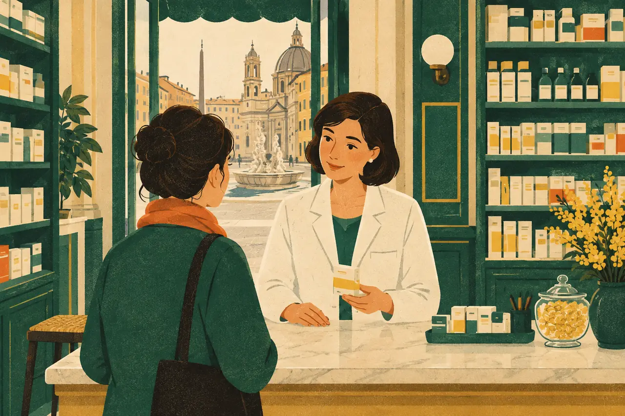 At the pharmacy. You duck into a farmacia near Piazza Navona with a headache that started two days ago and eyes streaming from the pollen.