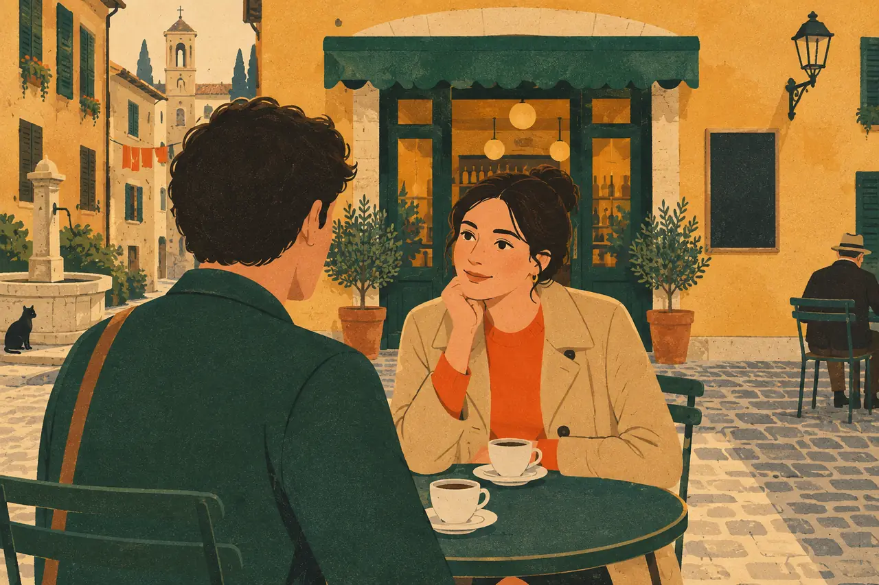 Coffee catch-up. You run into an old classmate outside a bar in Trastevere and end up at a table with two coffees.