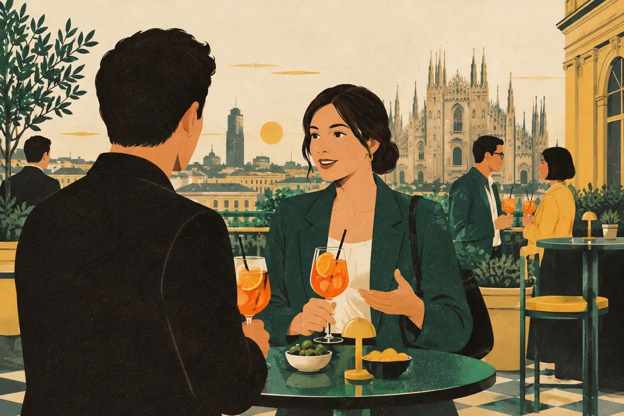 The networking event. You are at an after-work networking aperitivo in Milan, spritz in hand.
