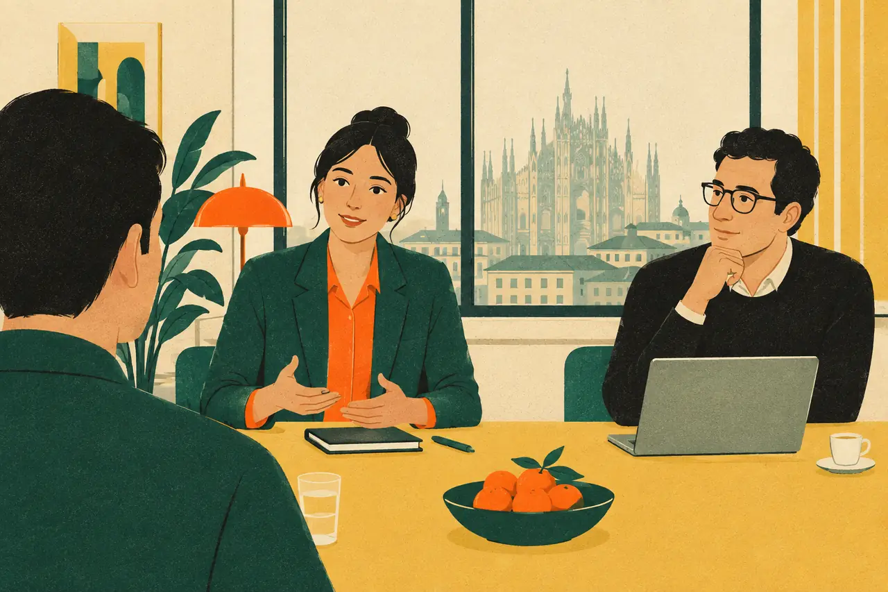 A meeting moment. You are in a short team meeting in a Milan office.