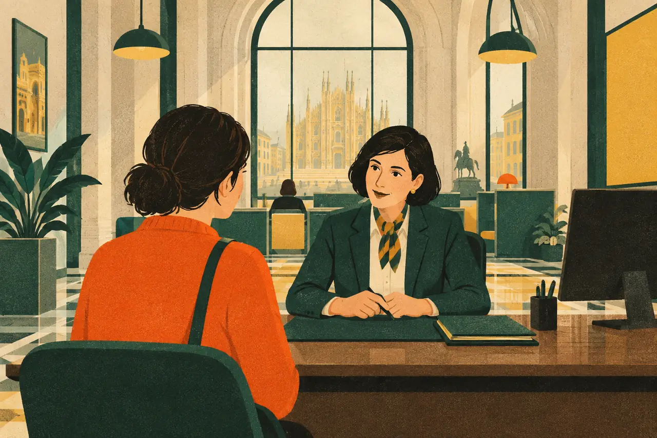 Opening a bank account. You have just moved to Milan and walk into a branch to open a conto corrente.