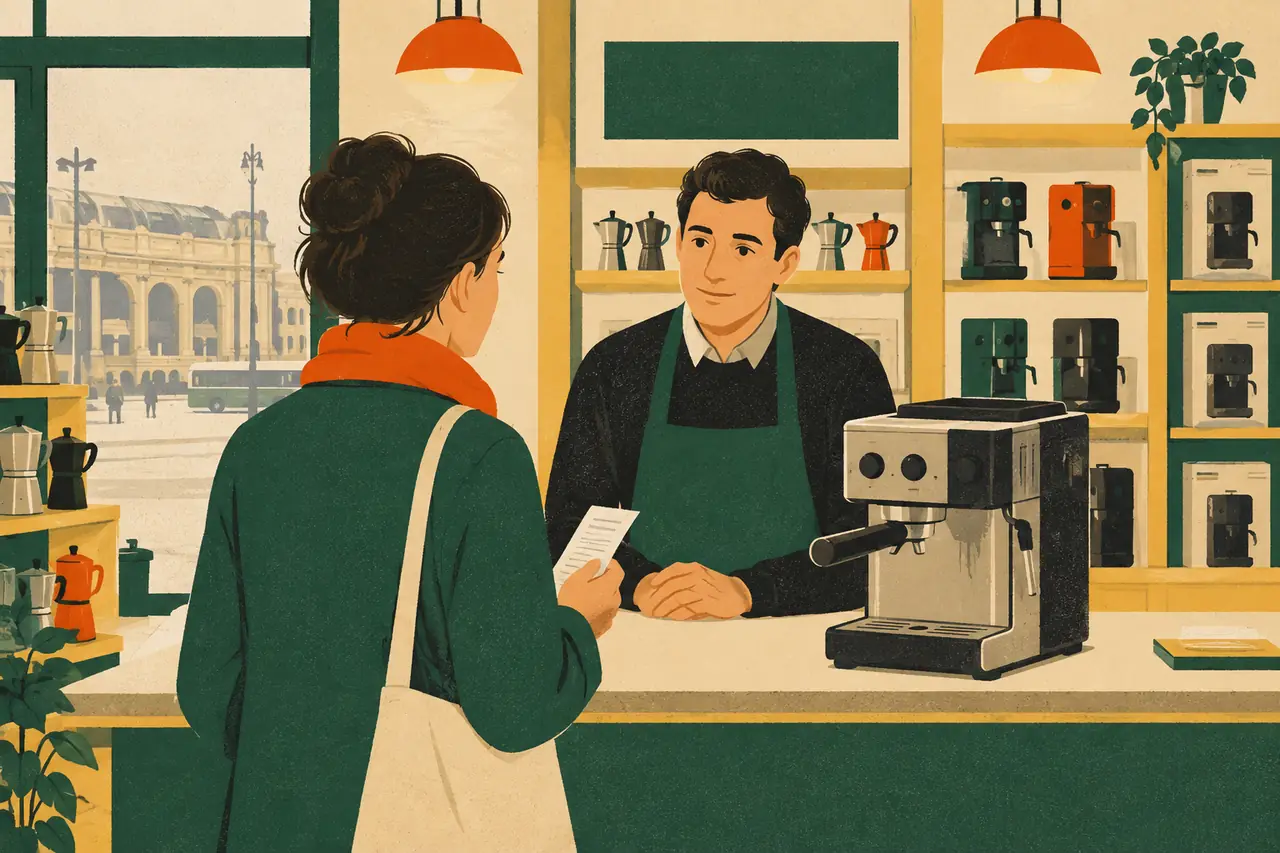 Fixing a broken purchase. The coffee machine you bought three weeks ago in a shop near Termini in Rome has stopped working.
