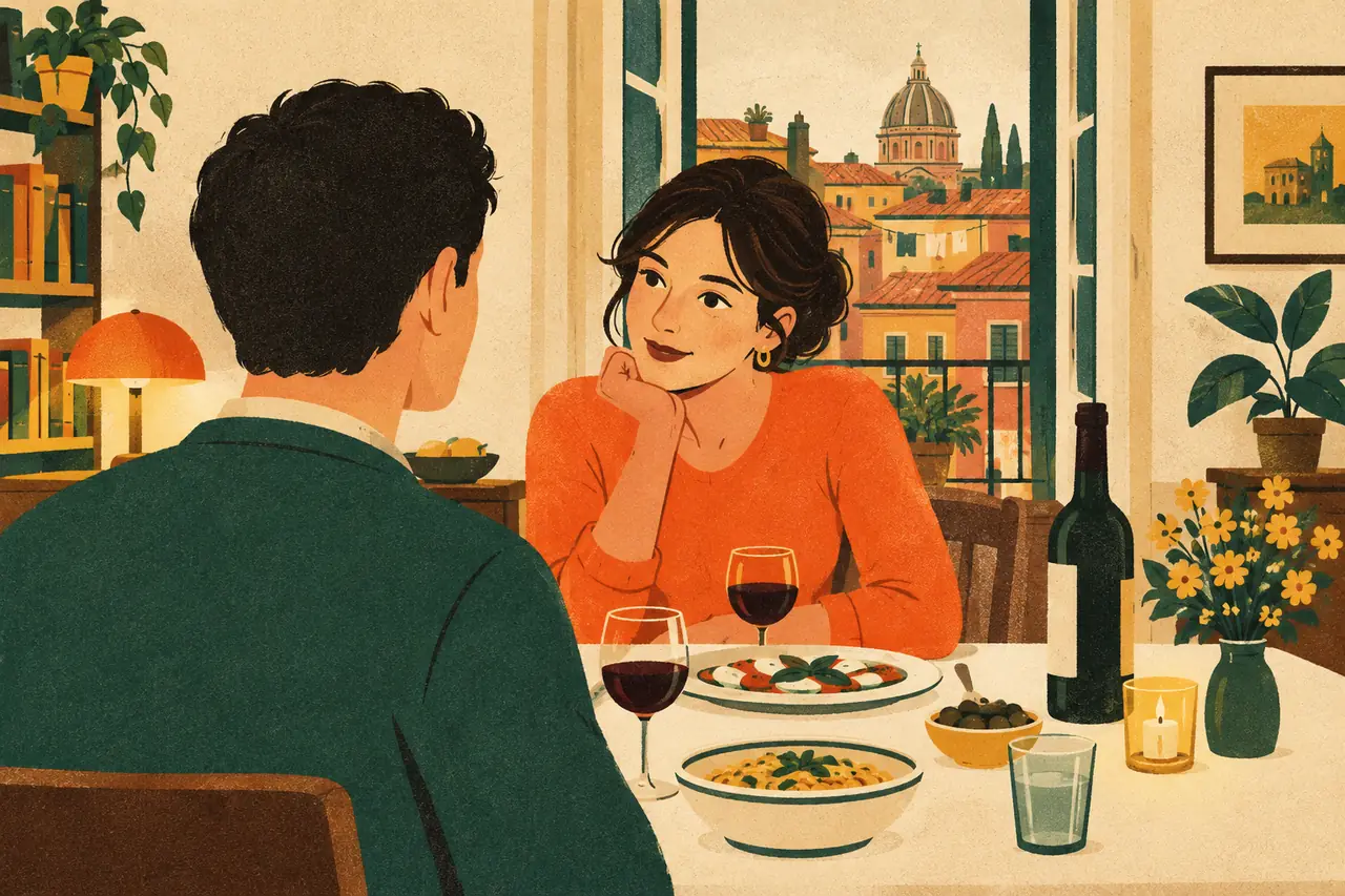 Dinner party talk. You are at a dinner party in a flat in Trastevere, seated next to a curious neighbour who is calling you tu within a minute.