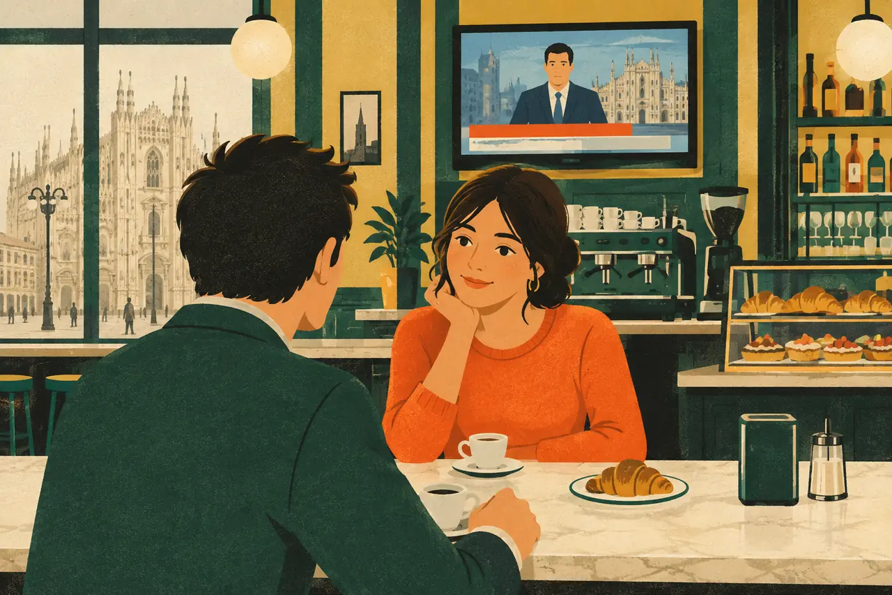 Talking about the news. You are having a morning coffee at the bar with an Italian colleague in Milan while the TV over the counter runs the day's headlines.