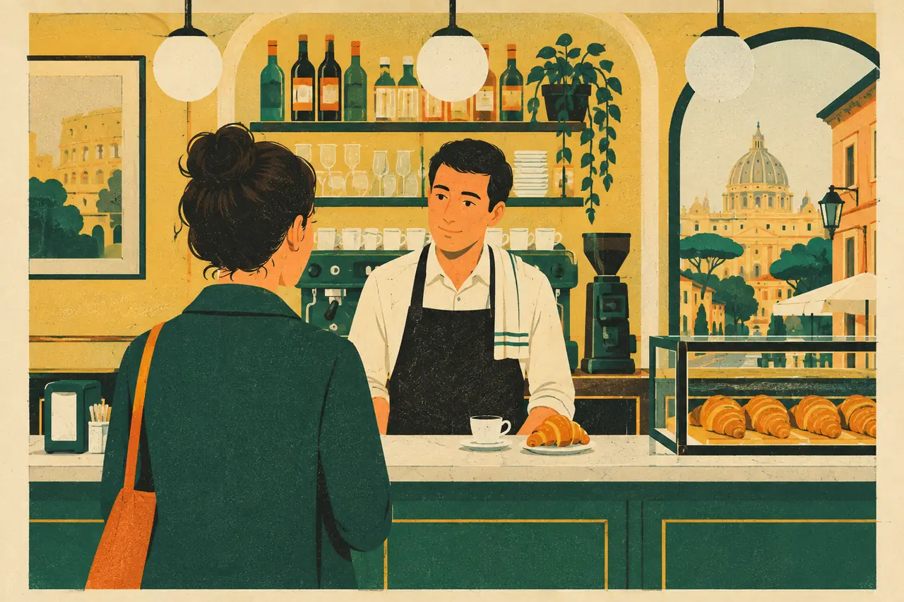 Order at a café. You are standing at the bar of a Roman caffè ordering an espresso and a cornetto.