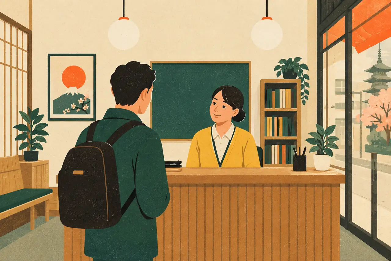 Hello and goodbye. You arrive at a small Tokyo language school in the morning.