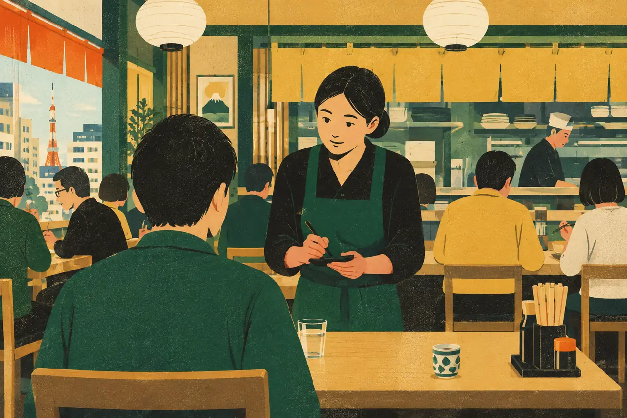 Lunch, start to finish. It is noon in Tokyo and you walk into a packed lunch spot on your own.