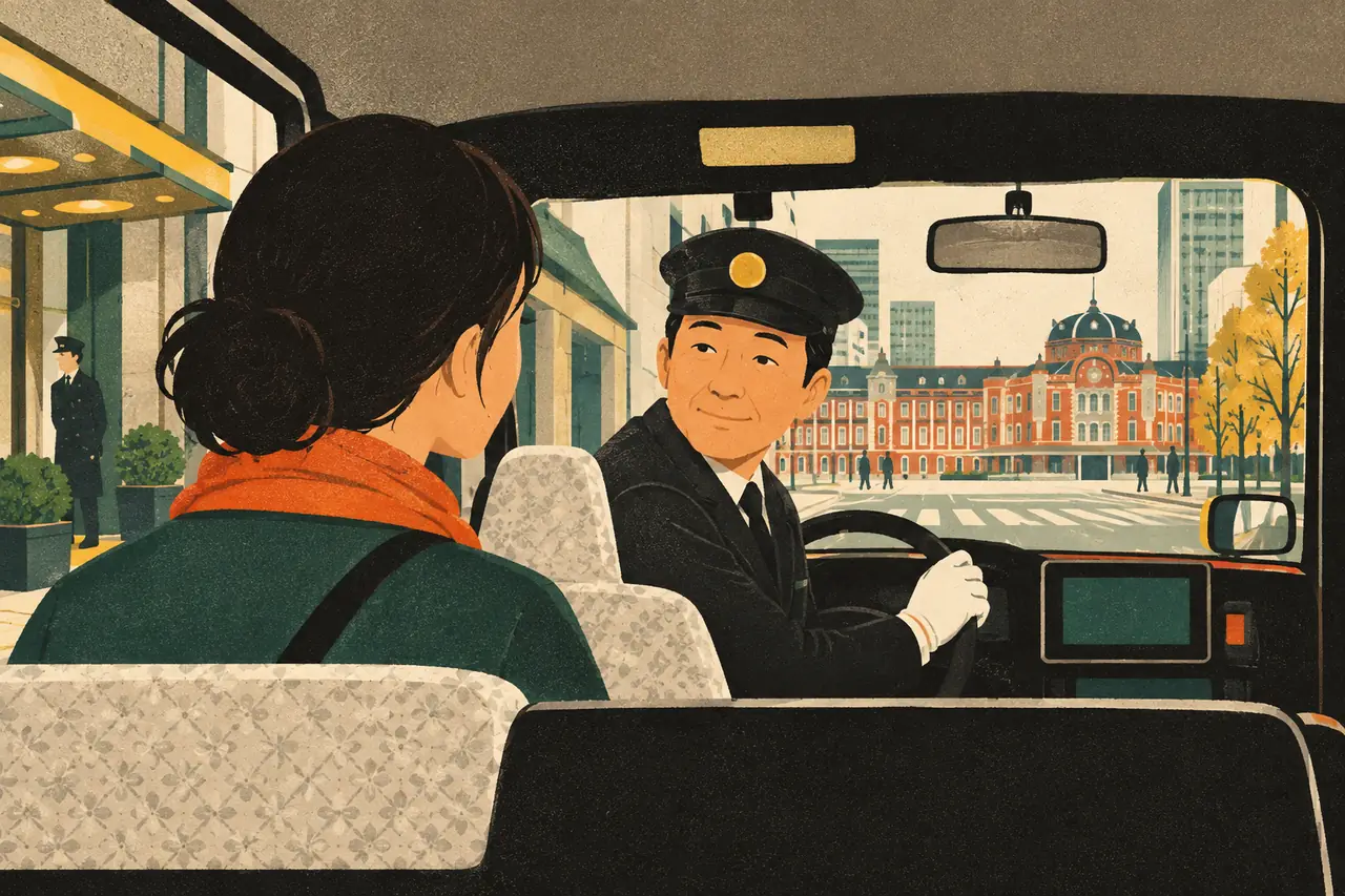 Taking a taxi. You climb into a taxi outside your Tokyo hotel and need to reach Tokyo Station before your train.