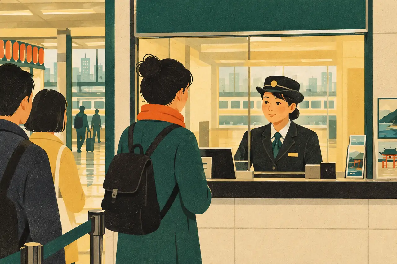 Buying a ticket. You are at the ticket window in Tokyo's Shinjuku Station, heading to Kamakura for the day and coming back tonight.