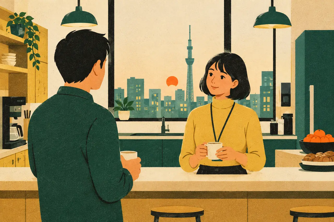 Talking about your day. You are in the office kitchen in Tokyo at the end of the day, chatting with a coworker.