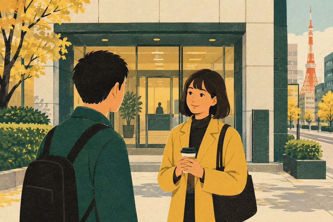 Making plans. You are outside a Tokyo office with someone you get along with.