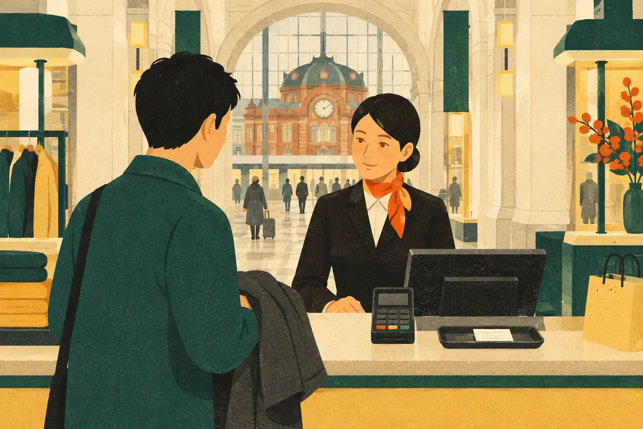 Paying and receipts. You are at the register of a shop in Tokyo Station with a jacket in your hands.