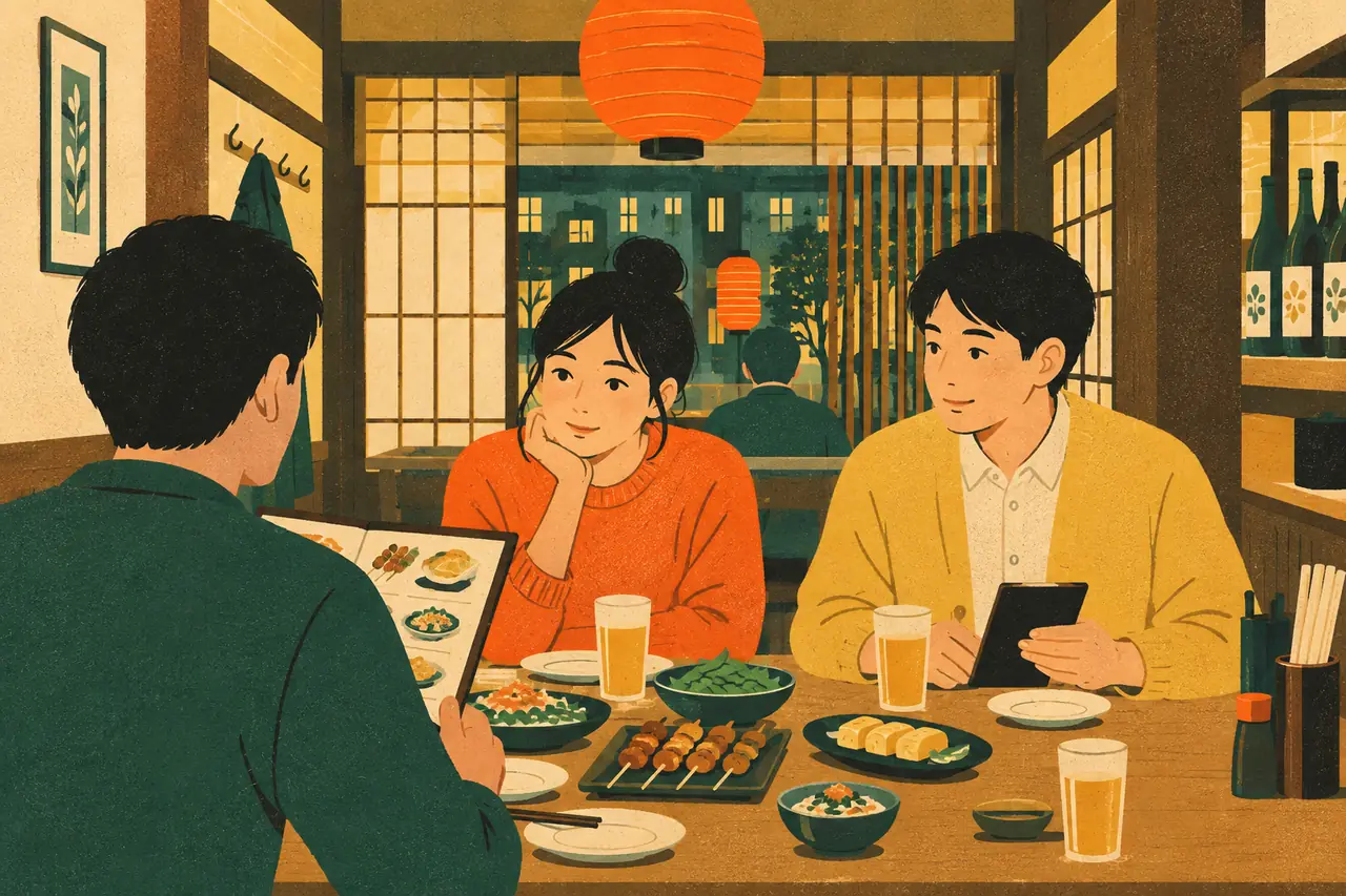 Dinner with friends. You are at an izakaya in Tokyo with two friends, choosing dishes for the whole table and sorting out the bill at the end.