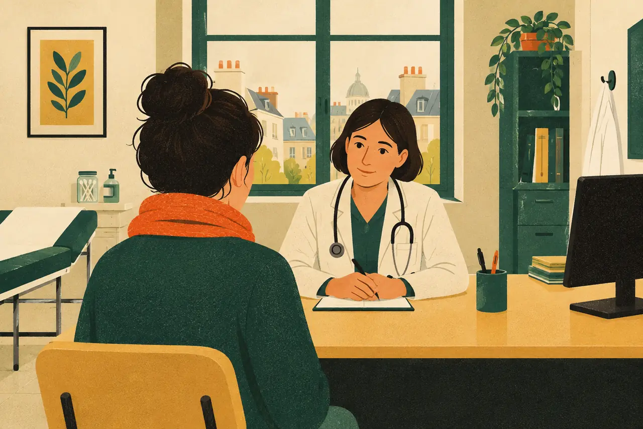 Seeing a doctor. Your sore throat has not gone away, so you phone a small clinic near your flat to be seen today.