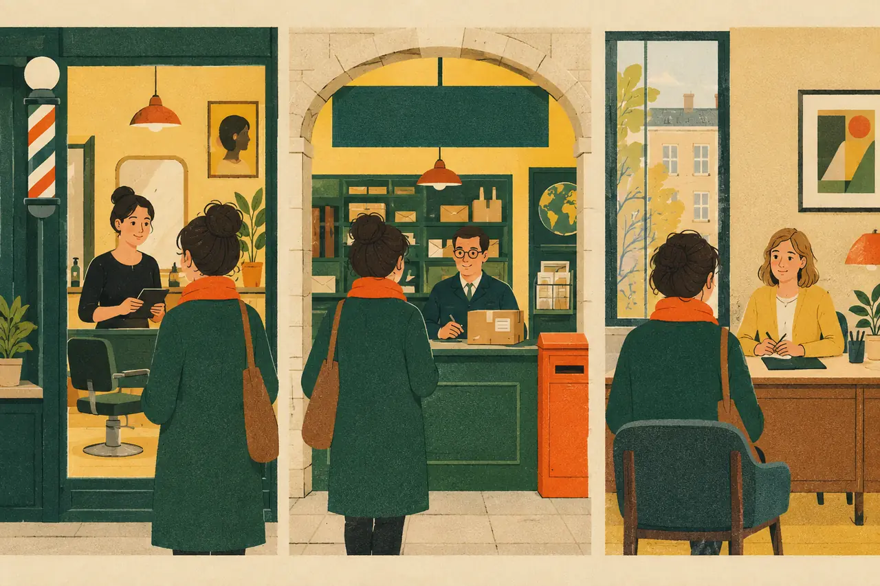 Errands and appointments. You have an afternoon of errands in your neighbourhood: a haircut to book, a parcel to send abroad from the post office, and one appointment you now need to move.
