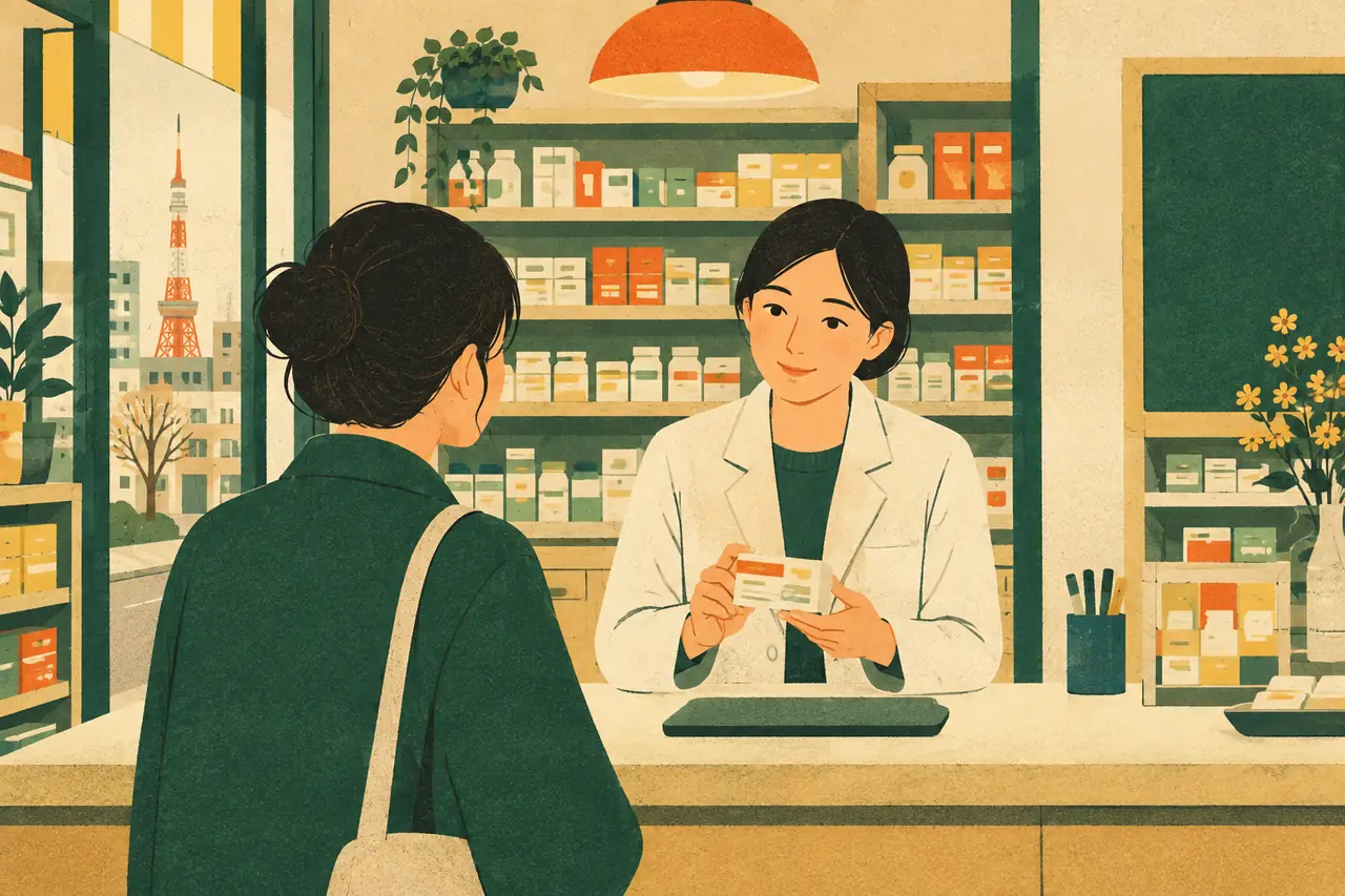 At the pharmacy. You stop at a drugstore in Tokyo with a headache that started this morning.